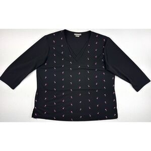Vintage Notations Top‎ Womens L Black Pink Rose Floral V Neck 3/4 Sleeve USA